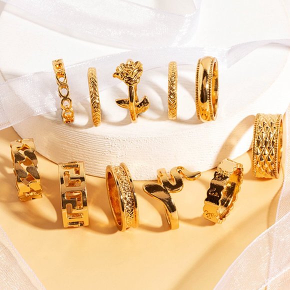 Gold 11 pc Ring Set sexy funky luxury cute snake chain rock punk glam - Picture 2 of 3